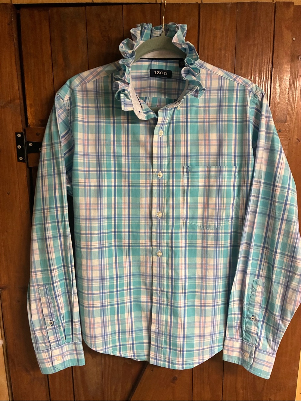 Izod Plaid Button-Down Shirt in Light Blue, Aqua, and Pink